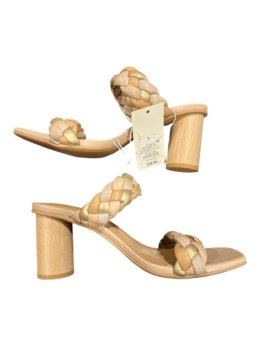 Braided Double-Strap Block Heel Sandals - Beige Multi